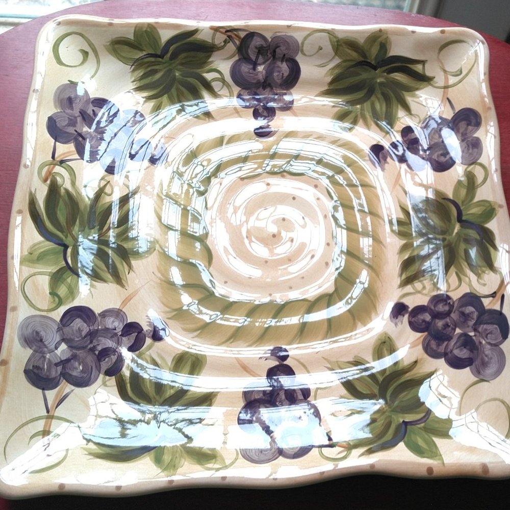 Large Square Ceramic Platter with Grapes